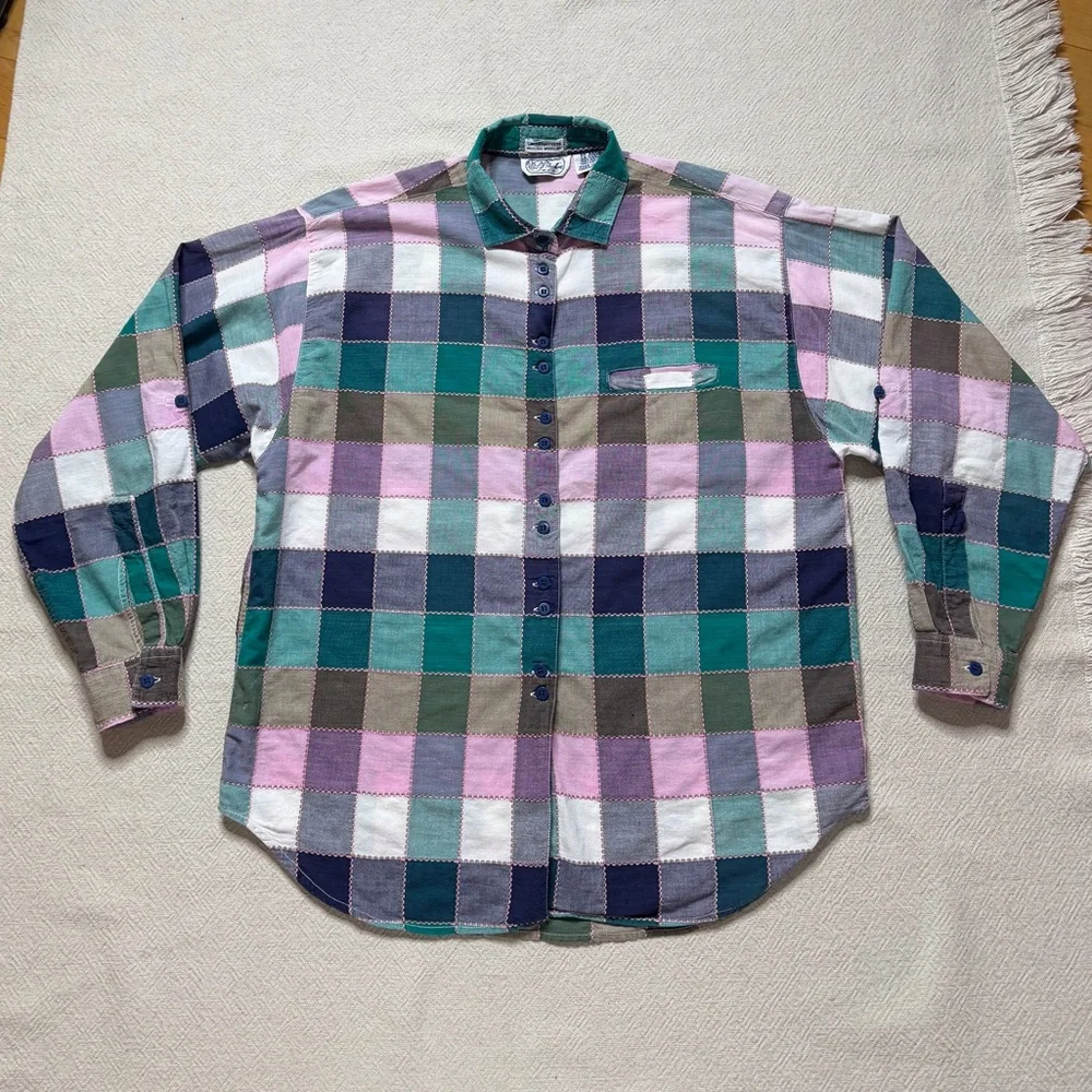 VTG 90s Pastel Patchwork Plaid Stitched Button Down Shirt L Cottage Core - Picture 2 of 7